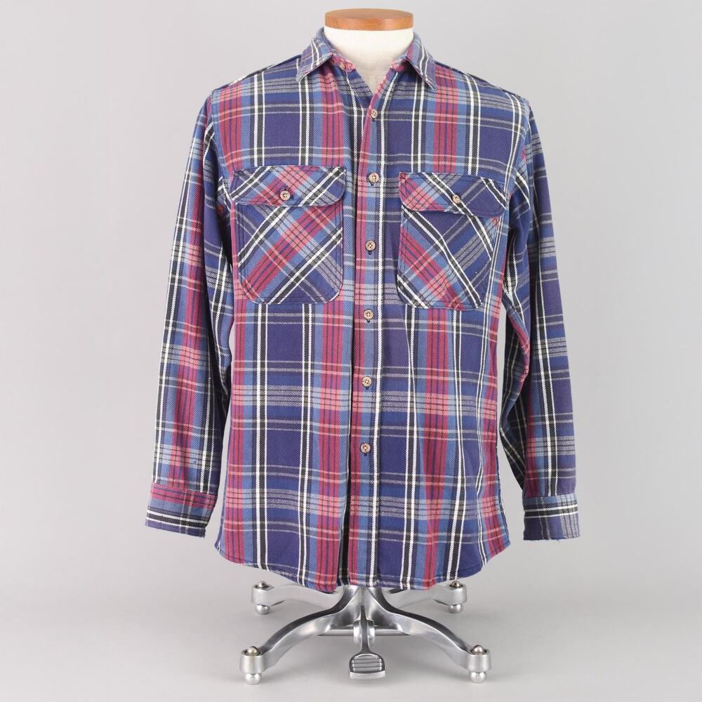 Vintage Fieldmaster Blue Plaid Flannel Work Wear Shirt Men's Medium Tall